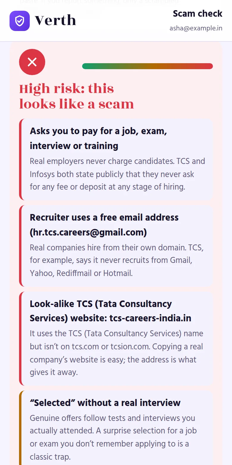 Verth flagging a fake TCS exam fee email