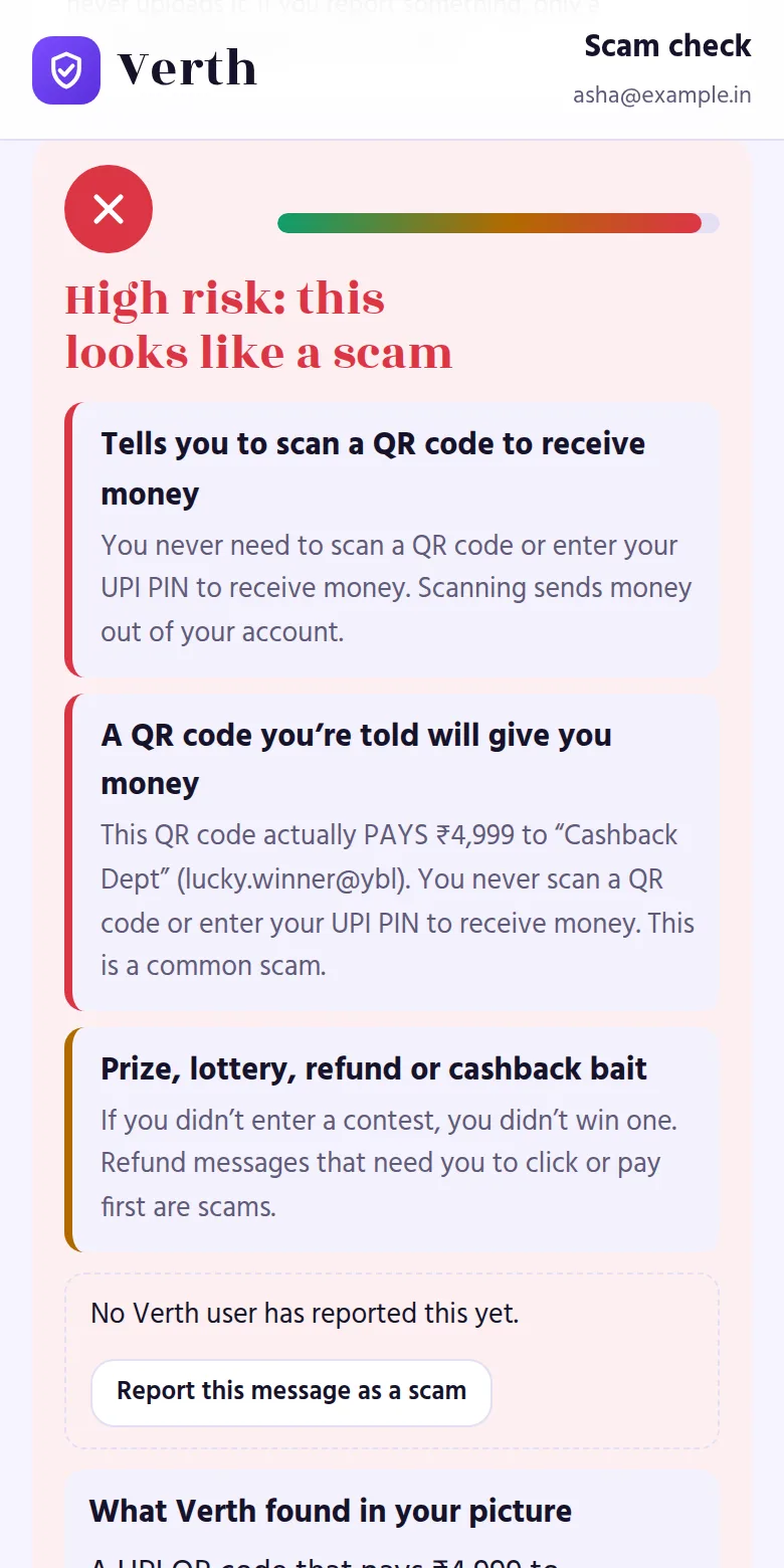Verth reading a cashback QR screenshot and warning it pays money out
